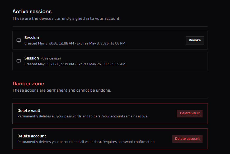 Poneglyph active sessions and account settings